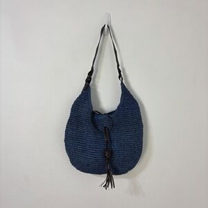 Woven Straw Hobo Purse Coastal Boho Womens Bag Summer Beach Nautical Tassel Blue